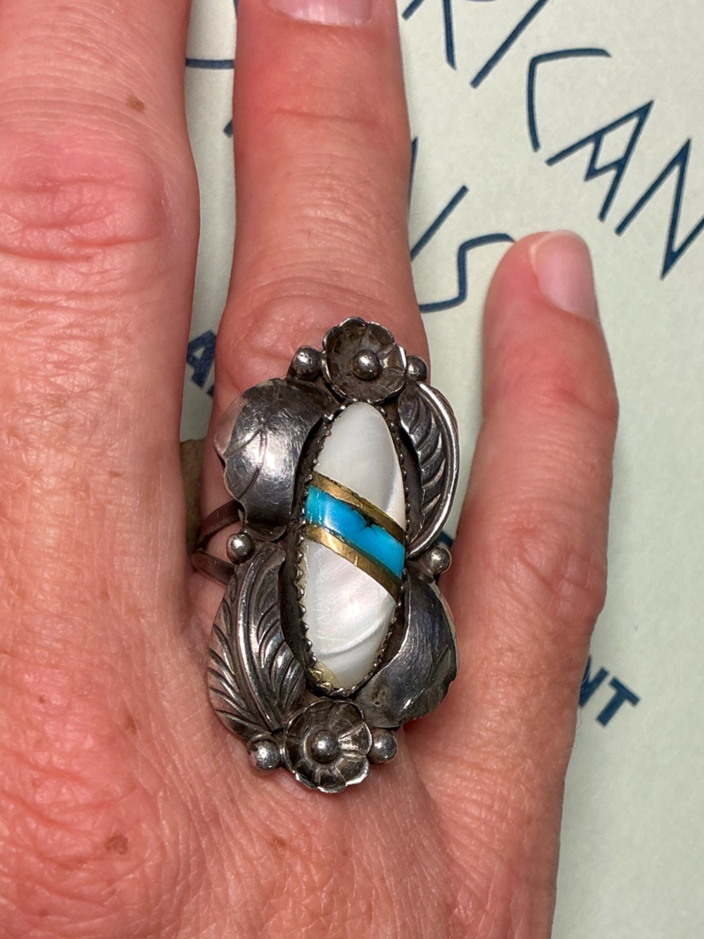 Native American Sterling Inlay Ring Turquoise, Mother of Pearl, Signed BB